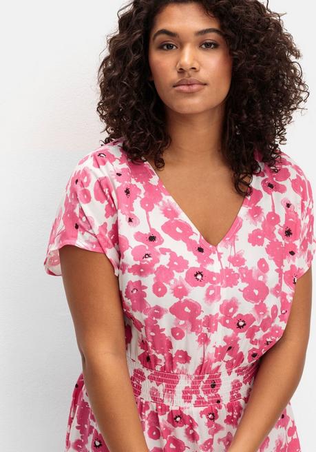 Sheego Kleid Mit Blumenprint Und Smokbund - Magenta Gemustert Sheego