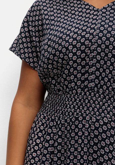 Sheego Kleid Mit Blumenprint Und Smokbund - Tiefblau Gemustert Sheego