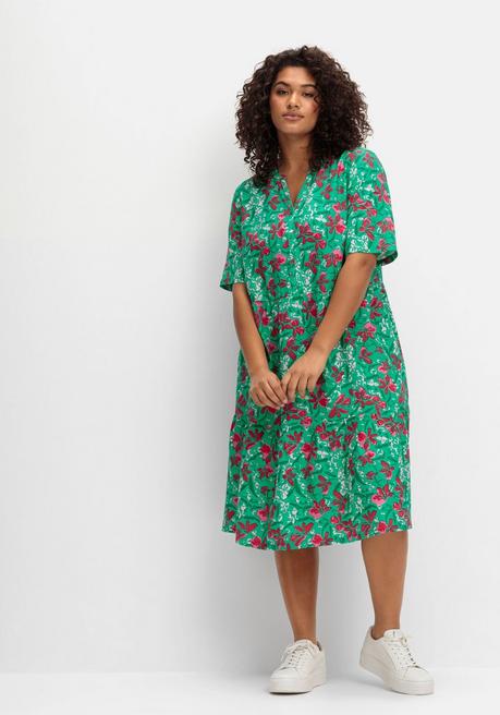 Sheego Kleid Mit Floralem Alloverprint Und Seitentaschen - Blattgrün Gemustert Sheego