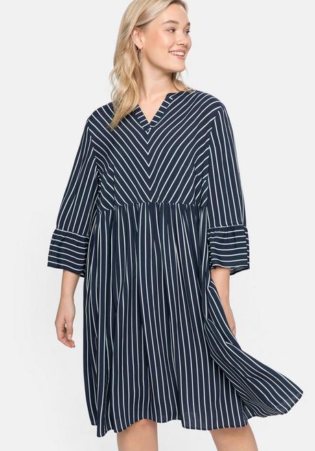 Sheego Kleid Mit Streifen, Weit Schwingender Rock - Marine Gestreift Sheego