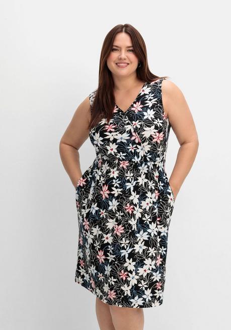 Sheego Knielanges Jerseykleid In Wickeloptik - Schwarz Gemustert Sheego