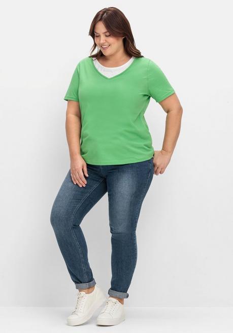 Sheego Kurzarmshirt In Layeroptik Mit Ziernieten - Apfelgrün Sheego