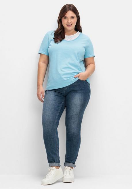 Sheego Kurzarmshirt In Layeroptik Mit Ziernieten - Aqua Sheego