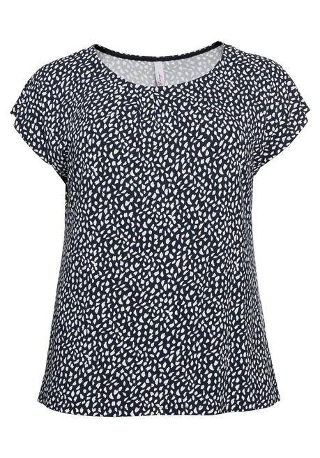 Sheego Kurzarmshirt Mit Alloverdruck Und Seitlichen Falten - Nachtblau Sheego