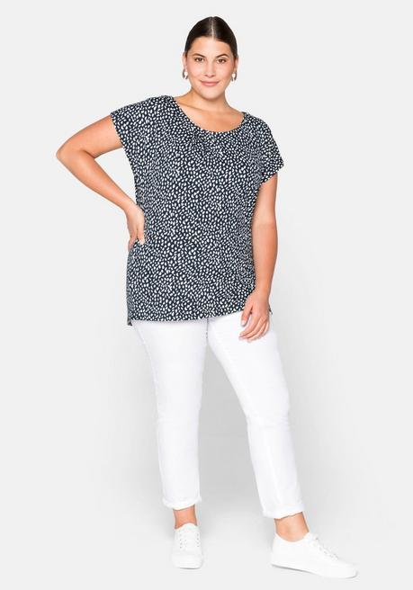 Sheego Kurzarmshirt Mit Alloverdruck Und Seitlichen Falten - Nachtblau Sheego