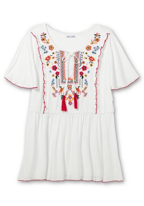 Sheego By Joe Browns Kurzarmshirt Mit Blumenstickerei Und Flügelärmel - Weiß Gemustert Sheego