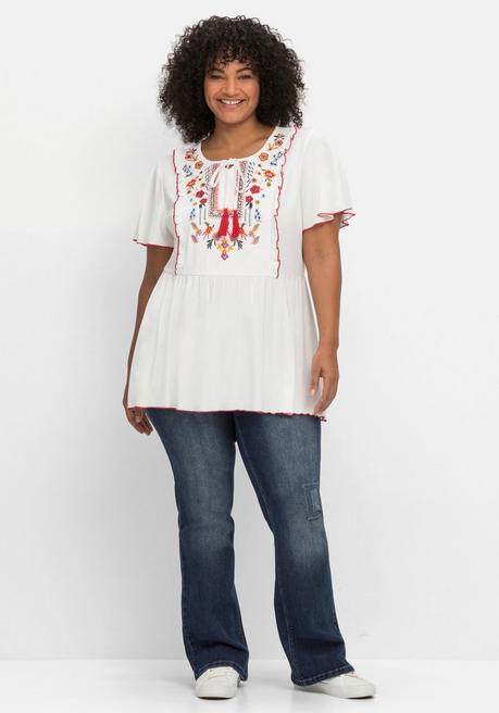 Sheego By Joe Browns Kurzarmshirt Mit Blumenstickerei Und Flügelärmel - Weiß Gemustert Sheego