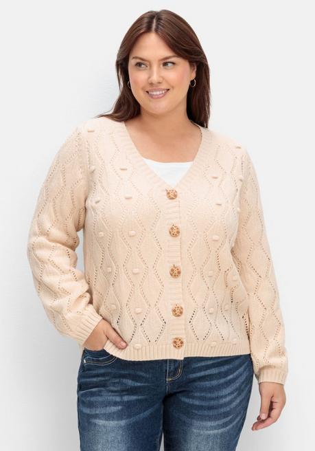 sheego by Joe Browns Kurze Lochmuster-Strickjacke mit Wollanteil - offwhite sheego