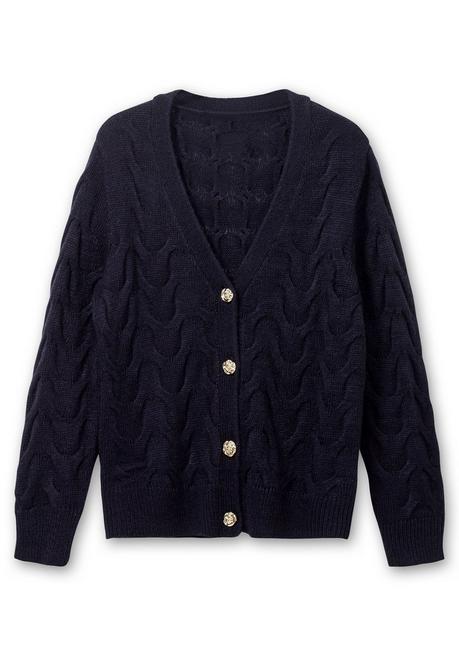 Sheego X Fair Lady Kurze Strickjacke Im Zopfmuster, Mit Schmuckknöpfen - Marine Sheego