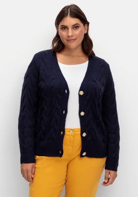 sheego x Fair Lady Kurze Strickjacke im Zopfmuster, mit Schmuckknöpfen - marine sheego