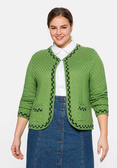 sheego Kurze Trachten-Strickjacke mit Zierborte - grün sheego