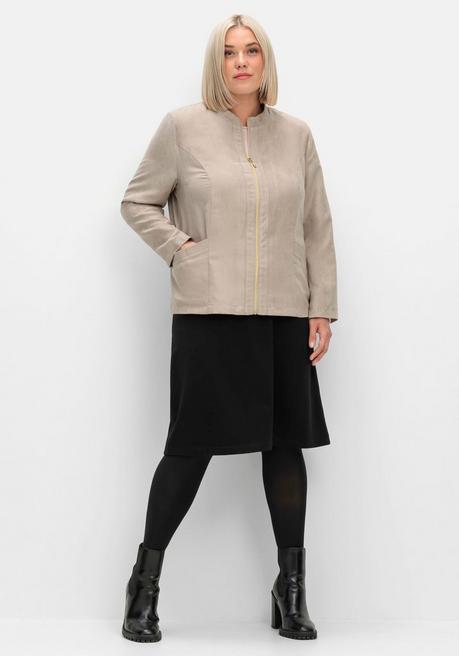 Sheego Kurzjacke In Velourslederoptik, Mit Stehkragen - Steingrau Sheego