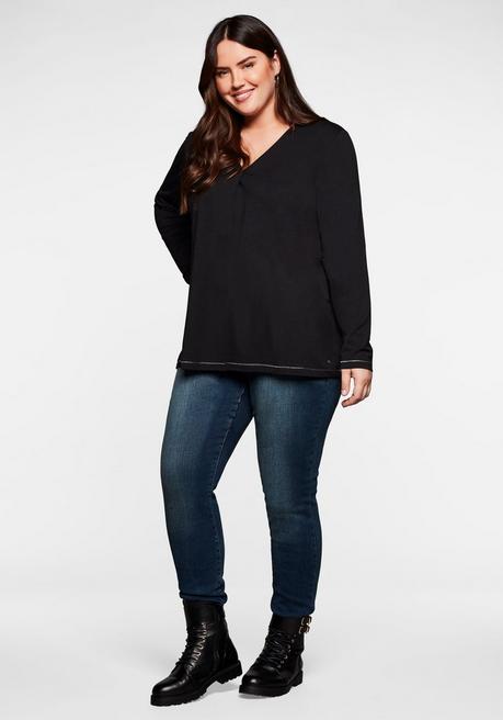 Sheego Langarmshirt In A-Linie, Mit Falte Vorn Und Effektgarn - Schwarz Sheego