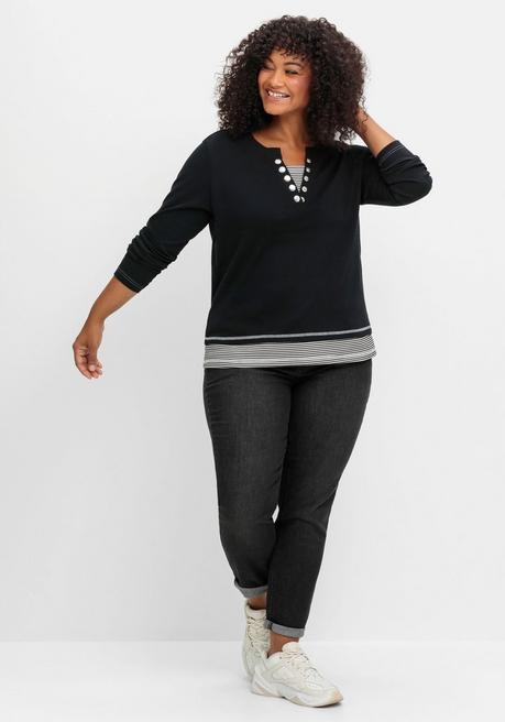 Sheego Langarmshirt In Layeroptik Mit Ringeldetails - Schwarz Sheego