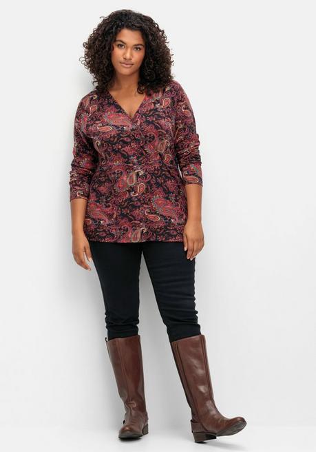 Sheego By Joe Browns Langarmshirt In Wickeloptik, Mit Paisleydruck - Schwarz Gemustert Sheego