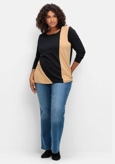 Sheego Langarmshirt In Zweifarbiger Optik - Schwarz-camel Sheego