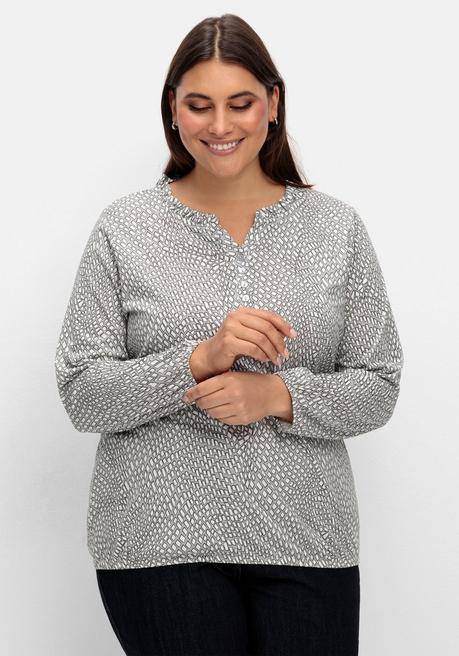 sheego Langarmshirt mit Alloverdruck und Knopfleiste - grau gemustert sheego