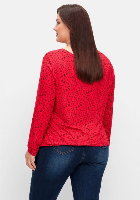 Sheego Langarmshirt Mit Alloverdruck Und Saum-Bindeband - Mohnrot Gemustert Sheego