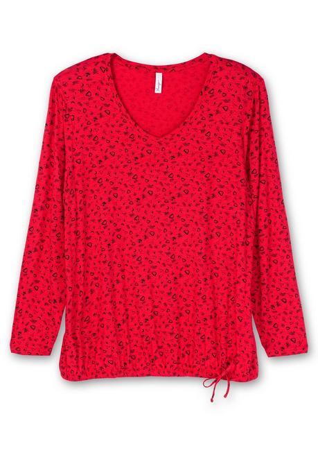 Sheego Langarmshirt Mit Alloverdruck Und Saum-Bindeband - Mohnrot Gemustert Sheego