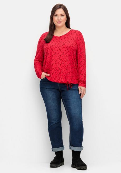 Sheego Langarmshirt Mit Alloverdruck Und Saum-Bindeband - Mohnrot Gemustert Sheego