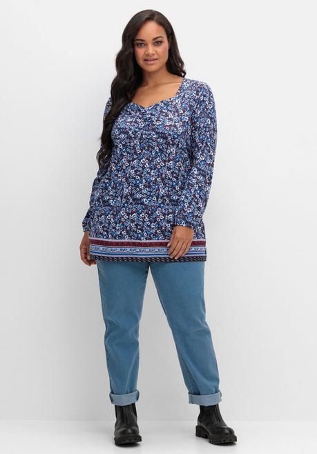 Sheego Langarmshirt Mit Alloverprint Und Herz-Ausschnitt - Marine Gemustert Sheego