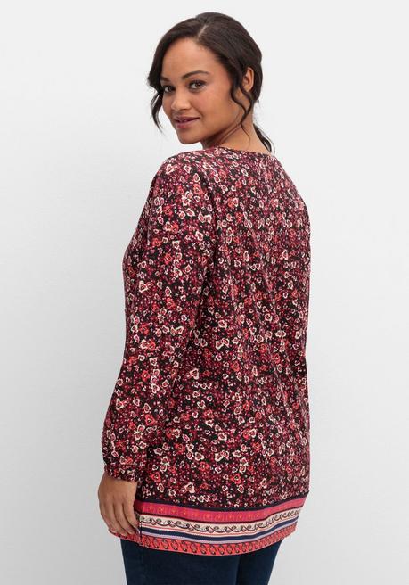 Sheego Langarmshirt Mit Alloverprint Und Herz-Ausschnitt - Weinrot Gemustert Sheego