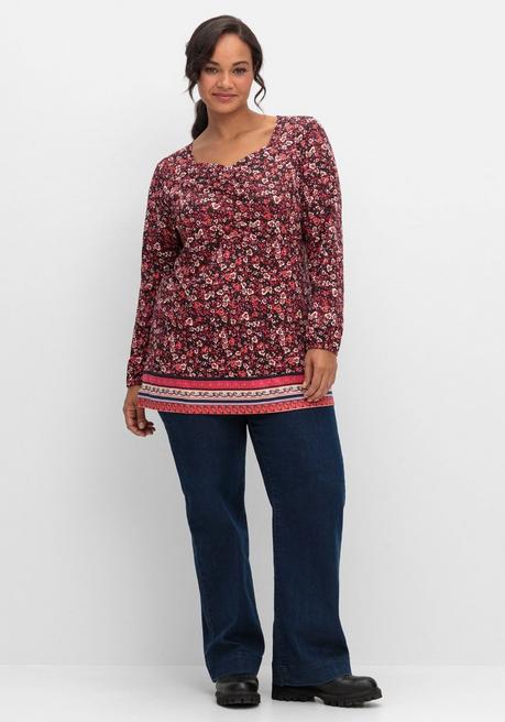 Sheego Langarmshirt Mit Alloverprint Und Herz-Ausschnitt - Weinrot Gemustert Sheego