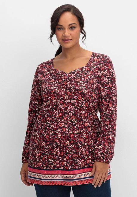 Sheego Langarmshirt Mit Alloverprint Und Herz-Ausschnitt - Weinrot Gemustert Sheego