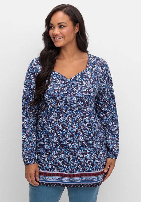 Sheego Langarmshirt Mit Alloverprint Und Herz-Ausschnitt - Marine Gemustert Sheego