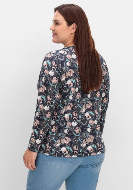 Sheego Langarmshirt Mit Alloverprint Und Kurzer Knopfleiste - Anthrazit Gemustert Sheego