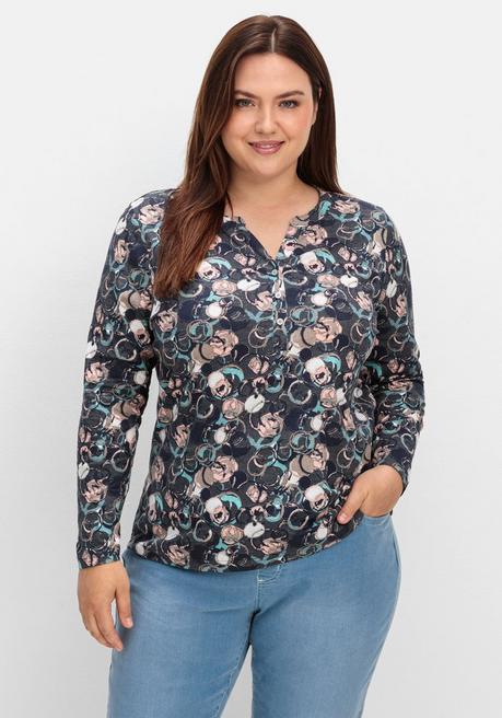 sheego Langarmshirt mit Alloverprint und kurzer Knopfleiste - anthrazit gemustert sheego