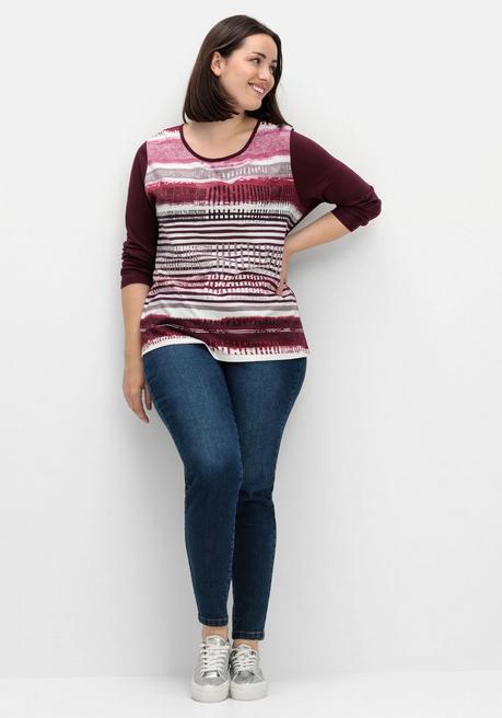 Sheego Langarmshirt Mit Bedrucktem Vorderteil - Aubergine Gestreift Sheego