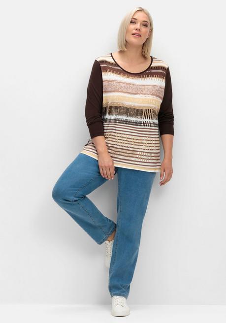 Sheego Langarmshirt Mit Bedrucktem Vorderteil - Hellbraun Gestreift Sheego