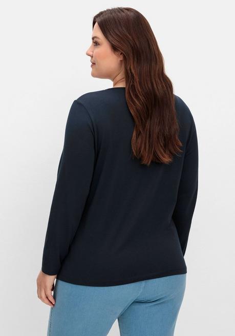 Sheego Langarmshirt Mit Bedrucktem Vorderteil - Marine Gestreift Sheego