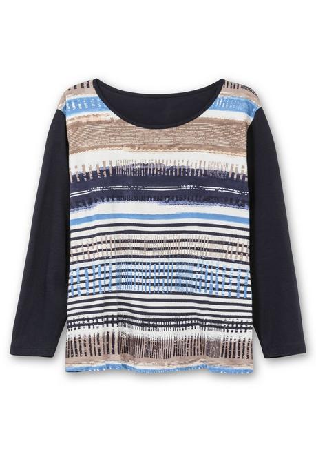 Sheego Langarmshirt Mit Bedrucktem Vorderteil - Marine Gestreift Sheego