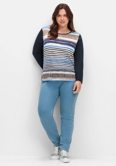 Sheego Langarmshirt Mit Bedrucktem Vorderteil - Marine Gestreift Sheego