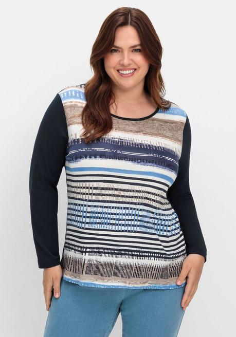 Sheego Langarmshirt Mit Bedrucktem Vorderteil - Marine Gestreift Sheego
