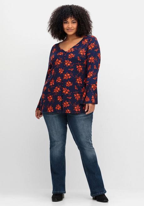 Sheego By Joe Browns Langarmshirt Mit Biesen Und Volantärmeln - Nachtblau Gemustert Sheego