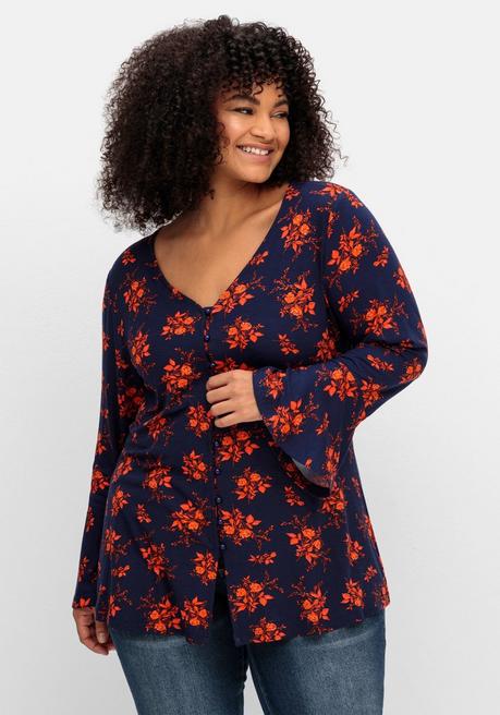 sheego by Joe Browns Langarmshirt mit Biesen und Volantärmeln - nachtblau gemustert sheego