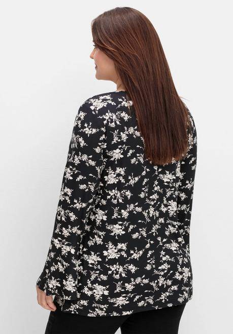 Sheego By Joe Browns Langarmshirt Mit Biesen Und Volantärmeln - Schwarz Gemustert Sheego