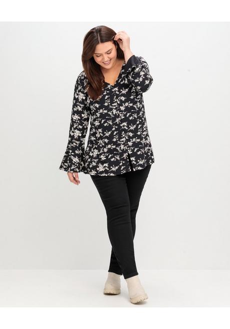 Sheego By Joe Browns Langarmshirt Mit Biesen Und Volantärmeln - Schwarz Gemustert Sheego