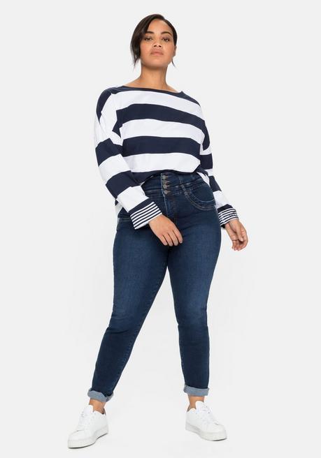 Sheego Langarmshirt Mit Blockstreifen Und U-Boot-Ausschnitt - Marine Sheego