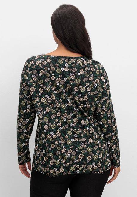 Sheego Langarmshirt Mit Blümchenprint Und Gummizugsaum - Tiefgrün Gemustert Sheego
