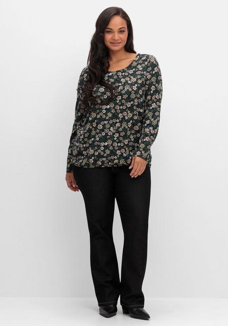 Sheego Langarmshirt Mit Blümchenprint Und Gummizugsaum - Tiefgrün Gemustert Sheego