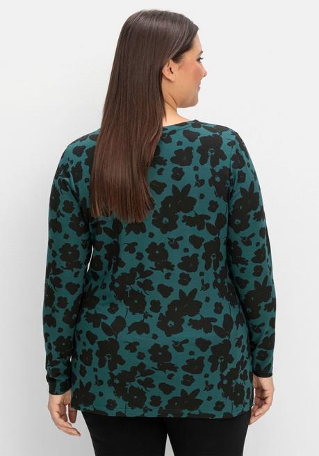 Sheego Langarmshirt Mit Blumendruck Und V-Ausschnitt - Tiefgrün Gemustert Sheego