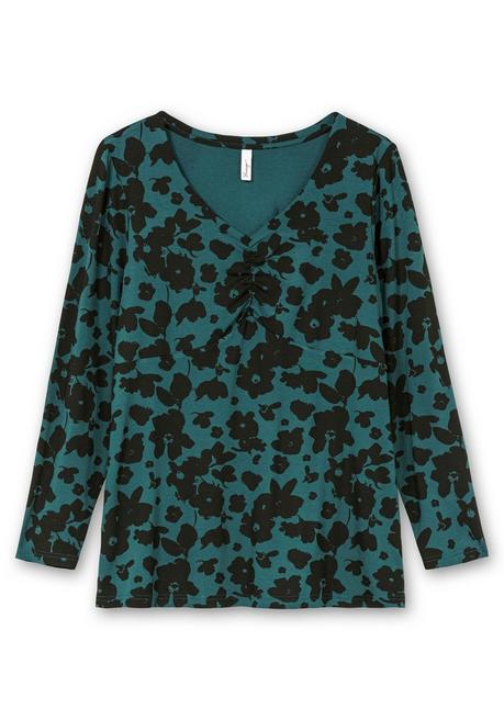 Sheego Langarmshirt Mit Blumendruck Und V-Ausschnitt - Tiefgrün Gemustert Sheego