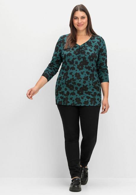 Sheego Langarmshirt Mit Blumendruck Und V-Ausschnitt - Tiefgrün Gemustert Sheego