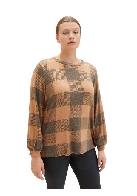 TOM TAILOR Plus Langarmshirt Mit Karomuster Und Ballonärmeln - Marine-beigefarben Sheego
