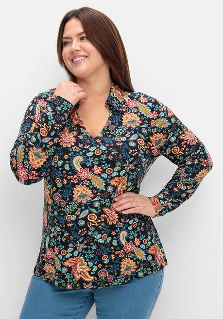 sheego by Joe Browns Langarmshirt mit Paisleyprint und Polokragen - schwarz gemustert sheego