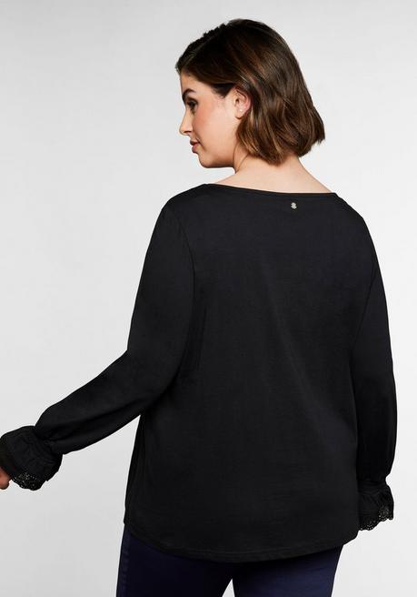 Sheego Langarmshirt Mit Spitze Am Ärmelsaum - Schwarz Sheego